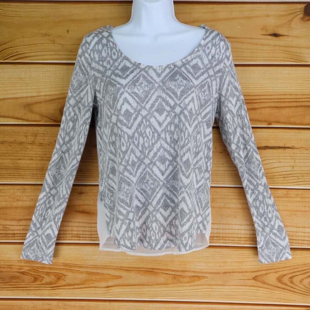 No Boundaries Long Sleeve Blouse Womens M Gray White Geometric Sheer Tank Accent